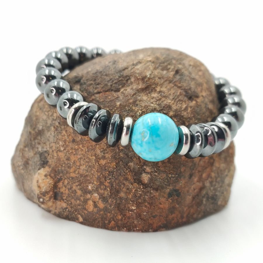 Pulseira com pedras hematita cinzentas e amazonite azul