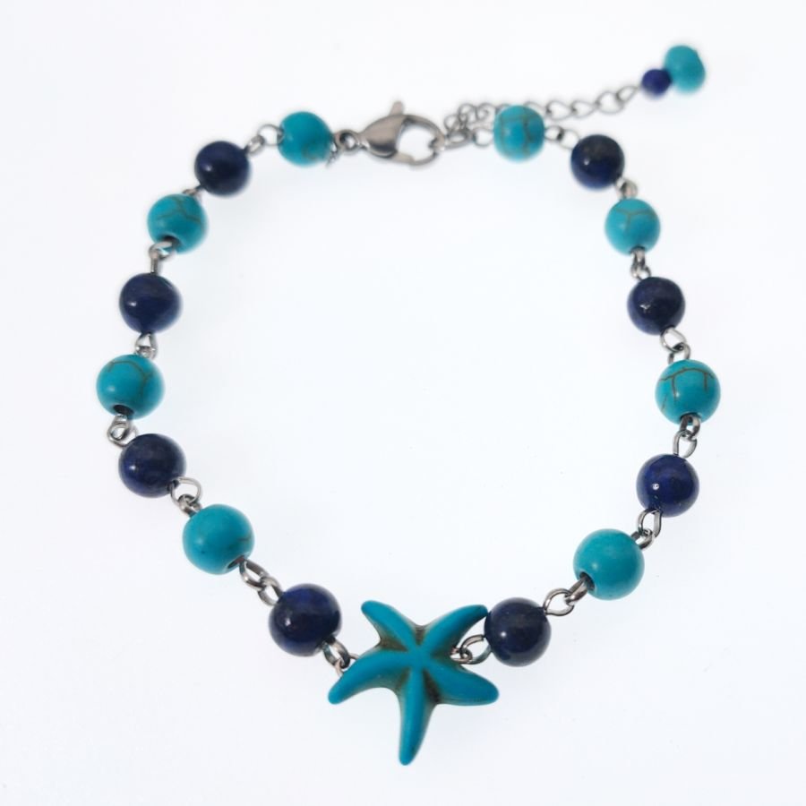 Lapis e bracelete turquesa com estrela-do-mar azul