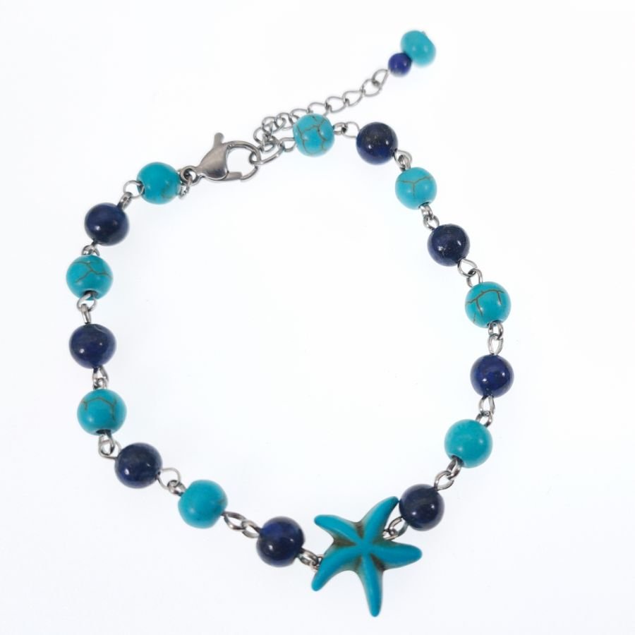Lapis e bracelete turquesa com estrela-do-mar azul