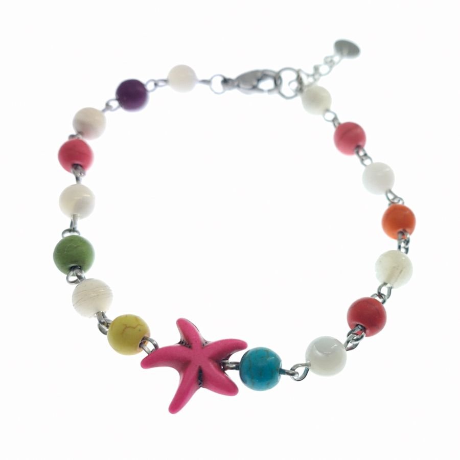 Pulseira de pedra multicolorida com estrela do mar cor-de-rosa