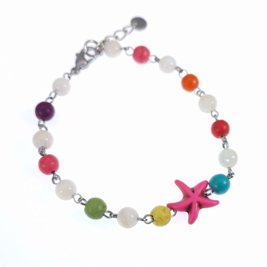 Pulseira de pedra multicolorida com estrela do mar cor-de-rosa