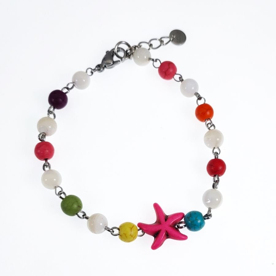 Pulseira de pedra multicolorida com estrela do mar cor-de-rosa
