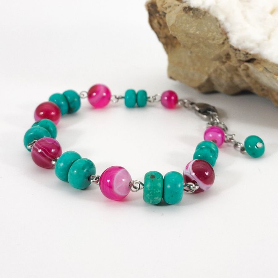 Pulseira de ágata cor-de-rosa turquesa e fúcsia
