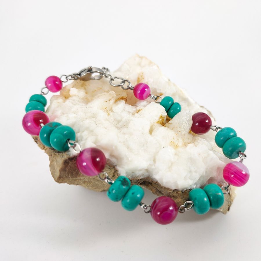 Pulseira de ágata cor-de-rosa turquesa e fúcsia