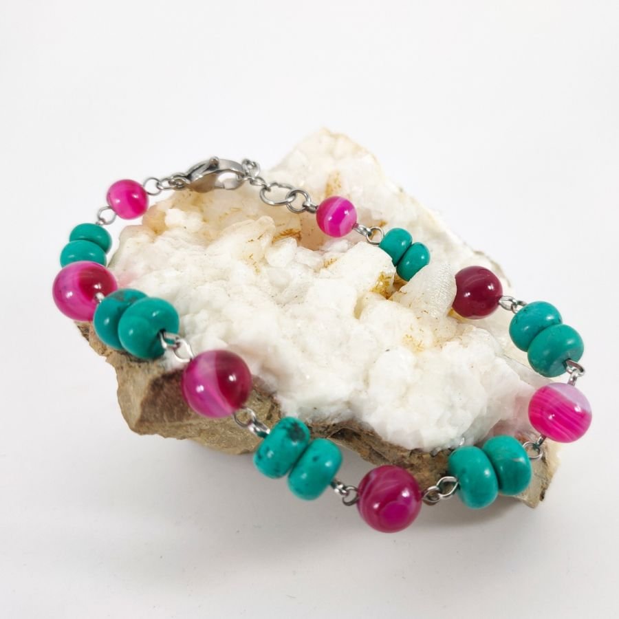 Pulseira de ágata cor-de-rosa turquesa e fúcsia