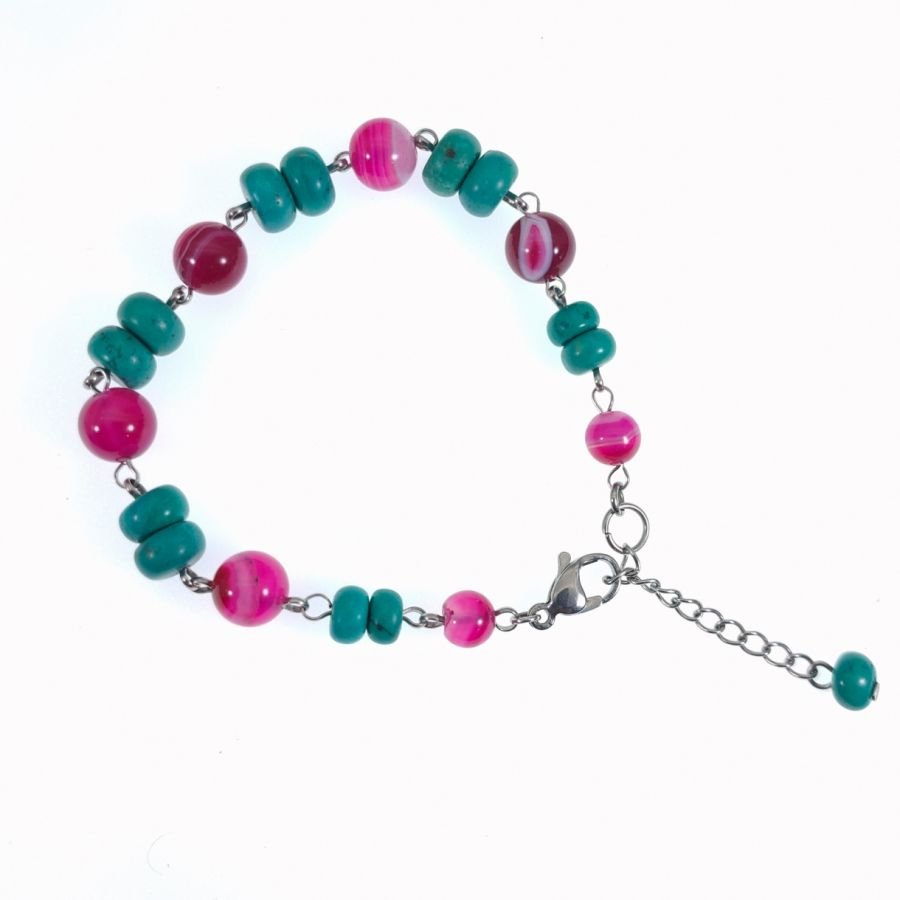Pulseira de ágata cor-de-rosa turquesa e fúcsia