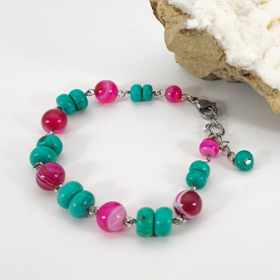 Pulseira de ágata cor-de-rosa turquesa e fúcsia