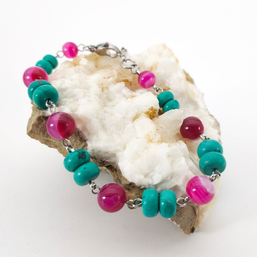 Pulseira de ágata cor-de-rosa turquesa e fúcsia