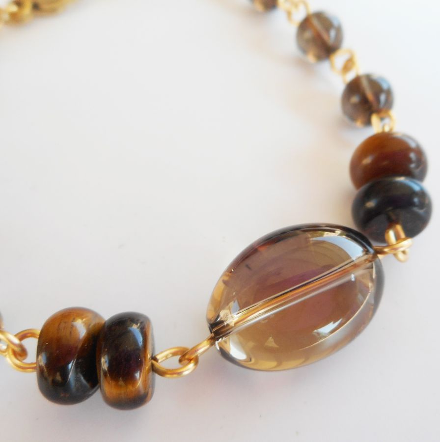 Bracelete de quartzo fumado e olho de tigre