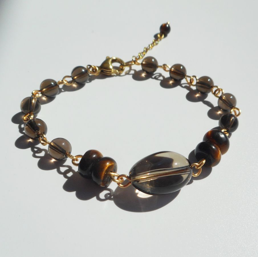 Bracelete de quartzo fumado e olho de tigre