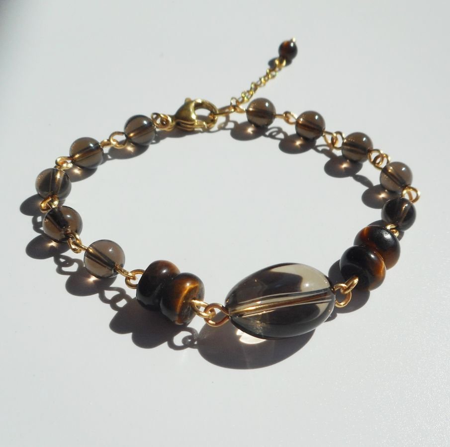 Bracelete de quartzo fumado e olho de tigre