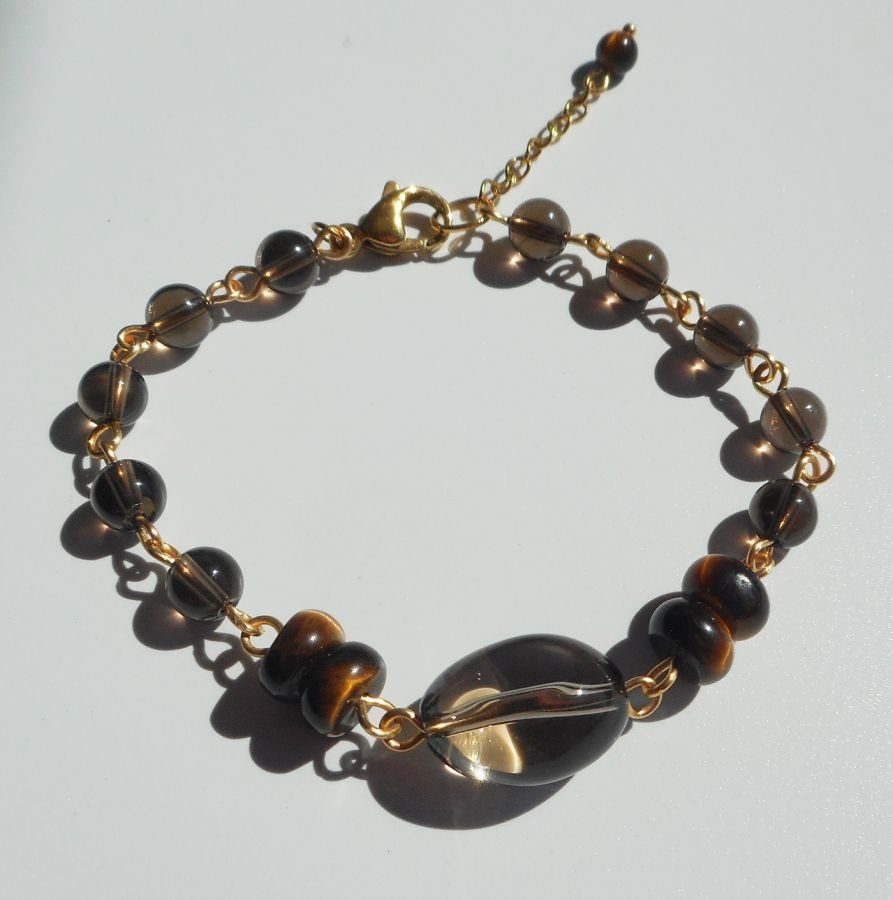 Bracelete de quartzo fumado e olho de tigre