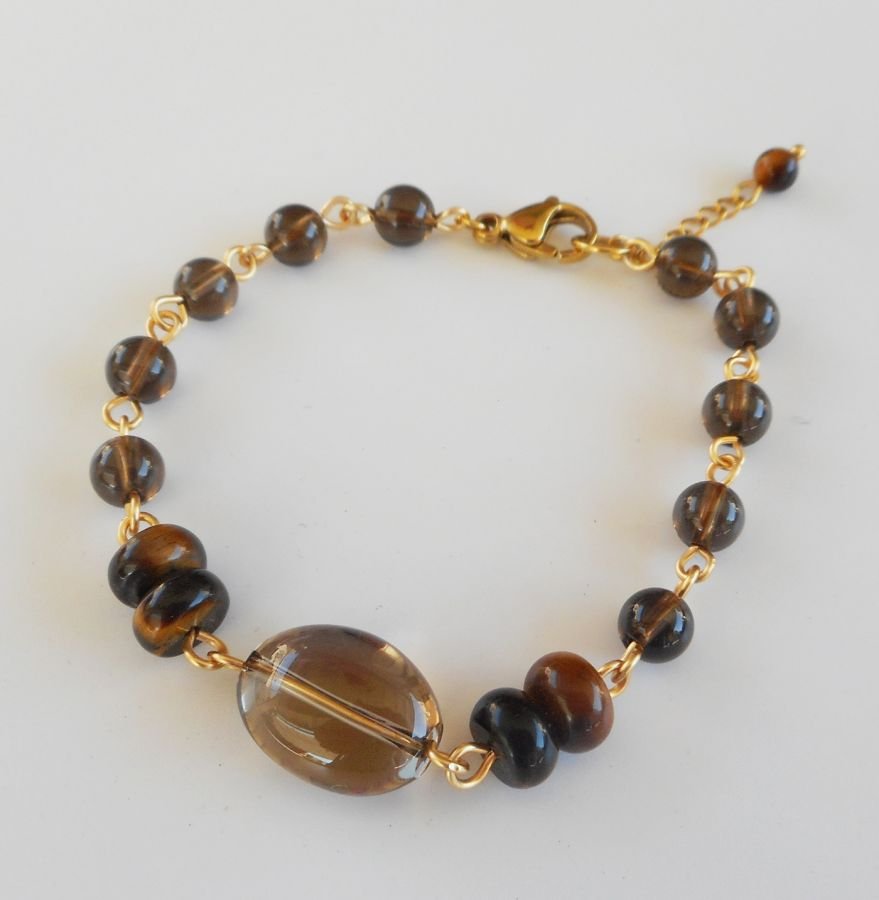 Bracelete de quartzo fumado e olho de tigre