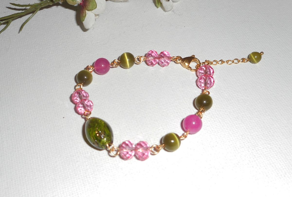 Murano Vidro e pulseira de cristal rosa e verde sobre corrente de aço dourado