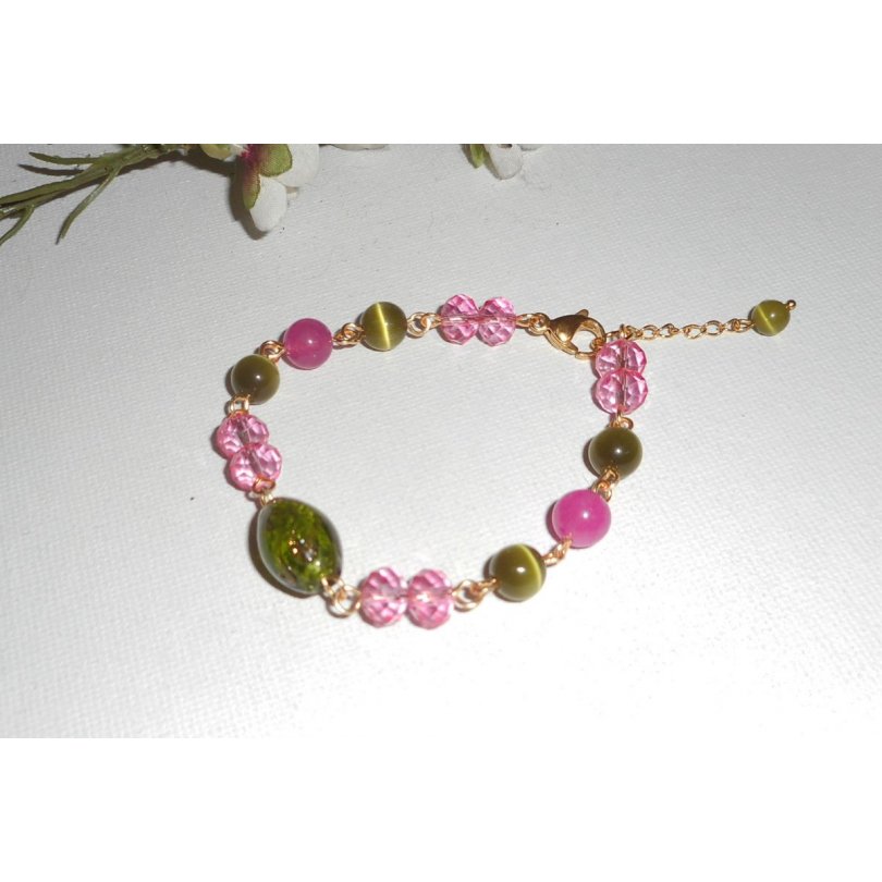 Murano Vidro e pulseira de cristal rosa e verde sobre corrente de aço dourado