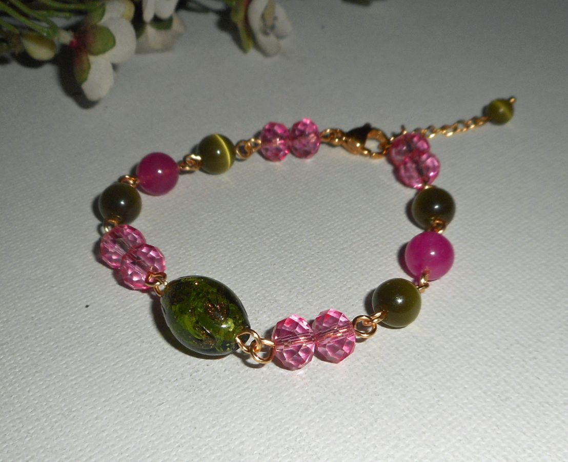 Murano Vidro e pulseira de cristal rosa e verde sobre corrente de aço dourado