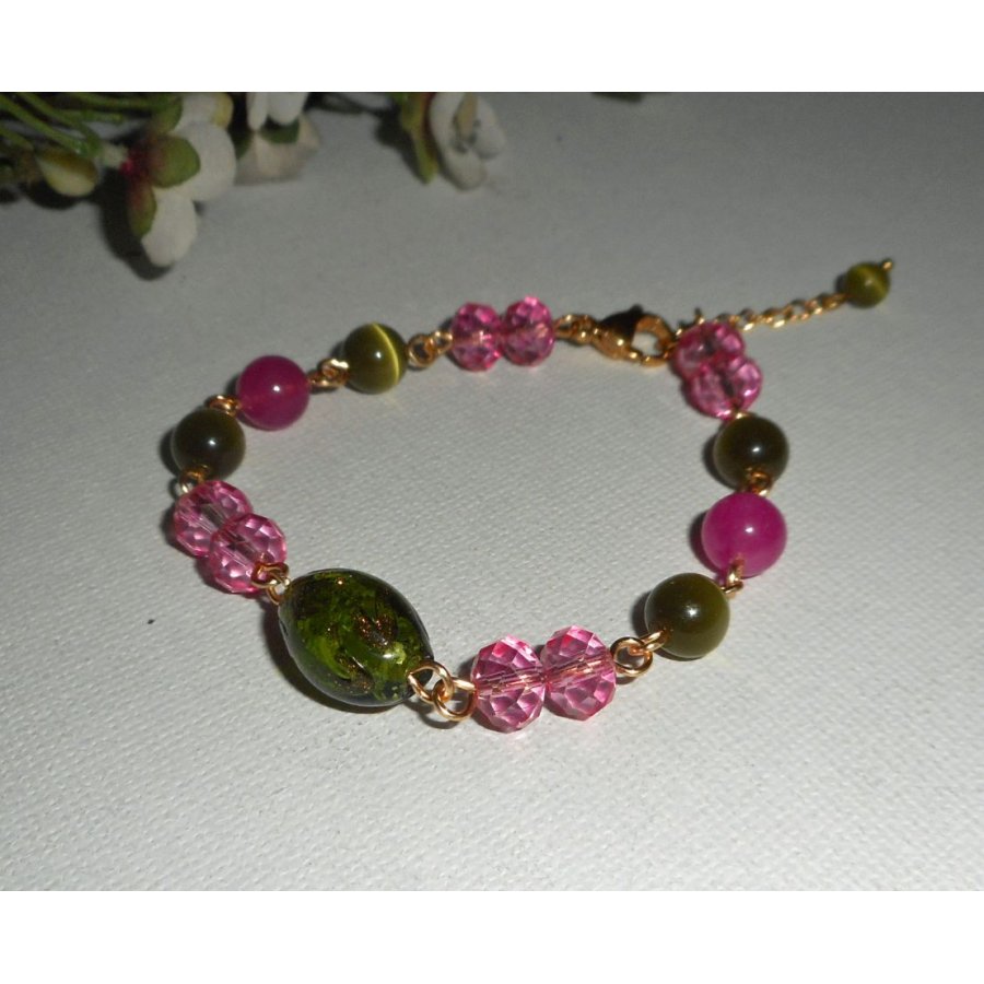 Murano Vidro e pulseira de cristal rosa e verde sobre corrente de aço dourado