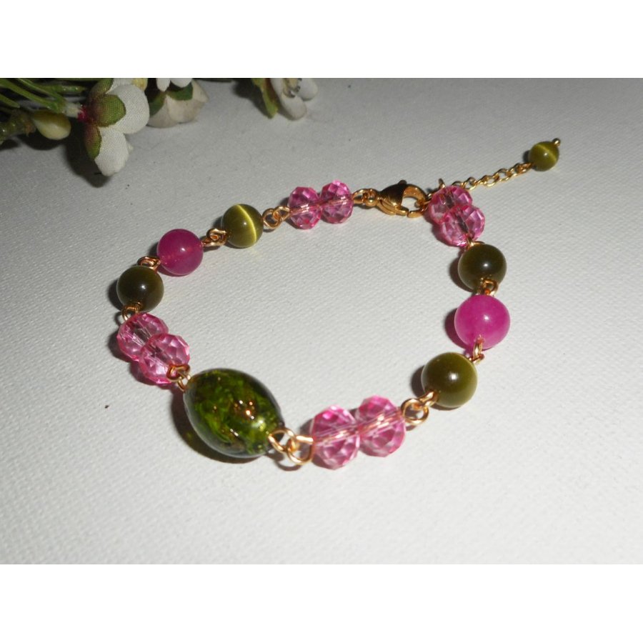 Murano Vidro e pulseira de cristal rosa e verde sobre corrente de aço dourado
