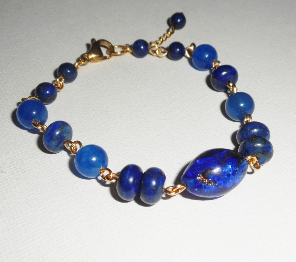 Pulseira de vidro murano e pedras semipreciosas azuis