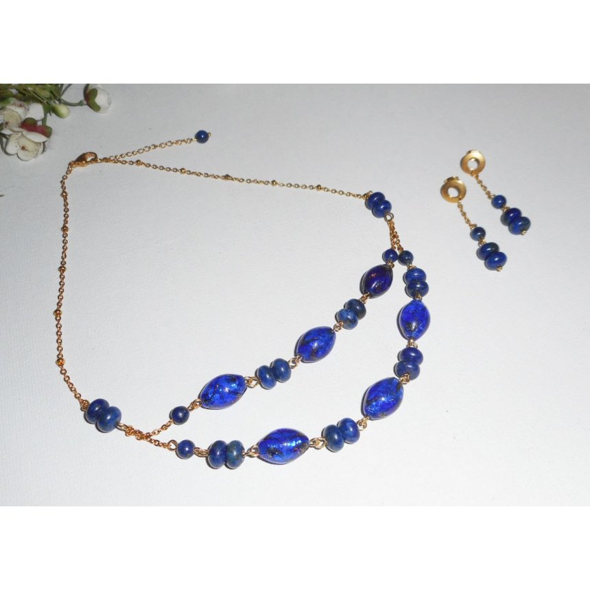 Pulseira de vidro murano e pedras semipreciosas azuis