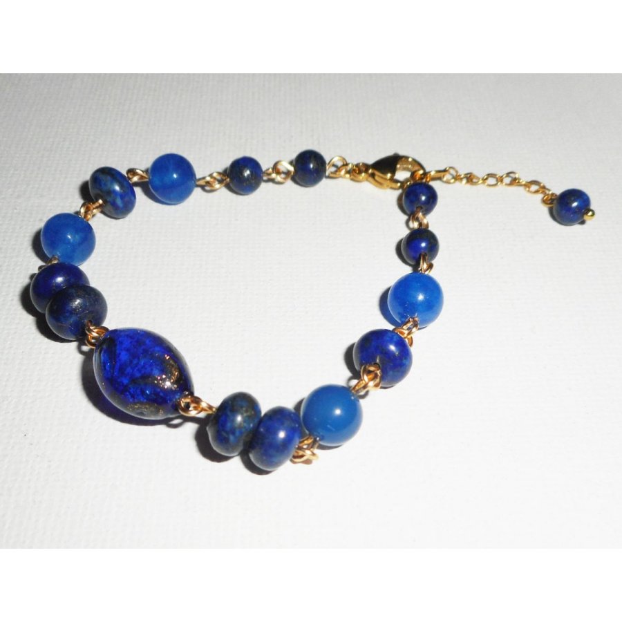 Pulseira de vidro murano e pedras semipreciosas azuis