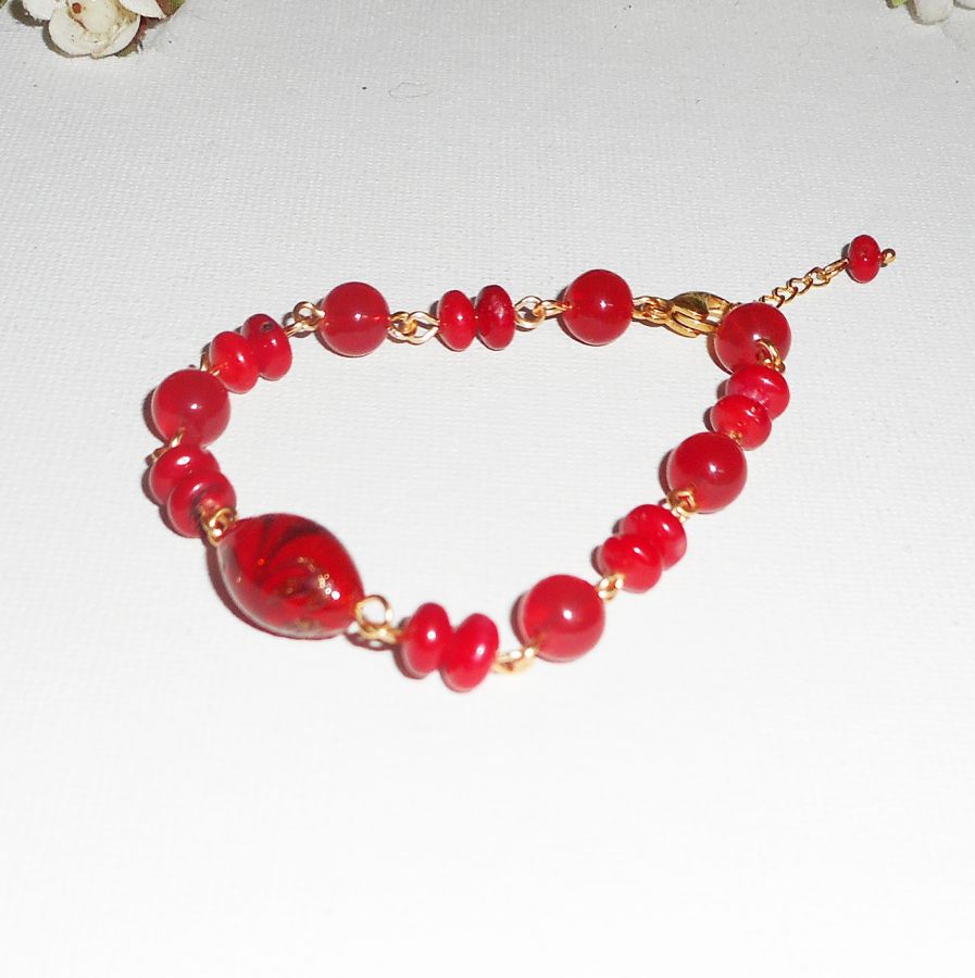Vidro Murano Vermelho e Pulseira Gorgon com jade colorido