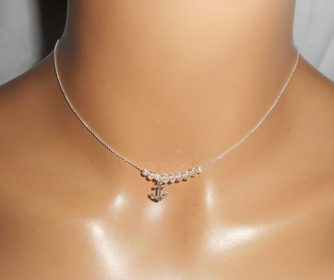 925 colar de gargantilha de prata com âncora e contas de cristal