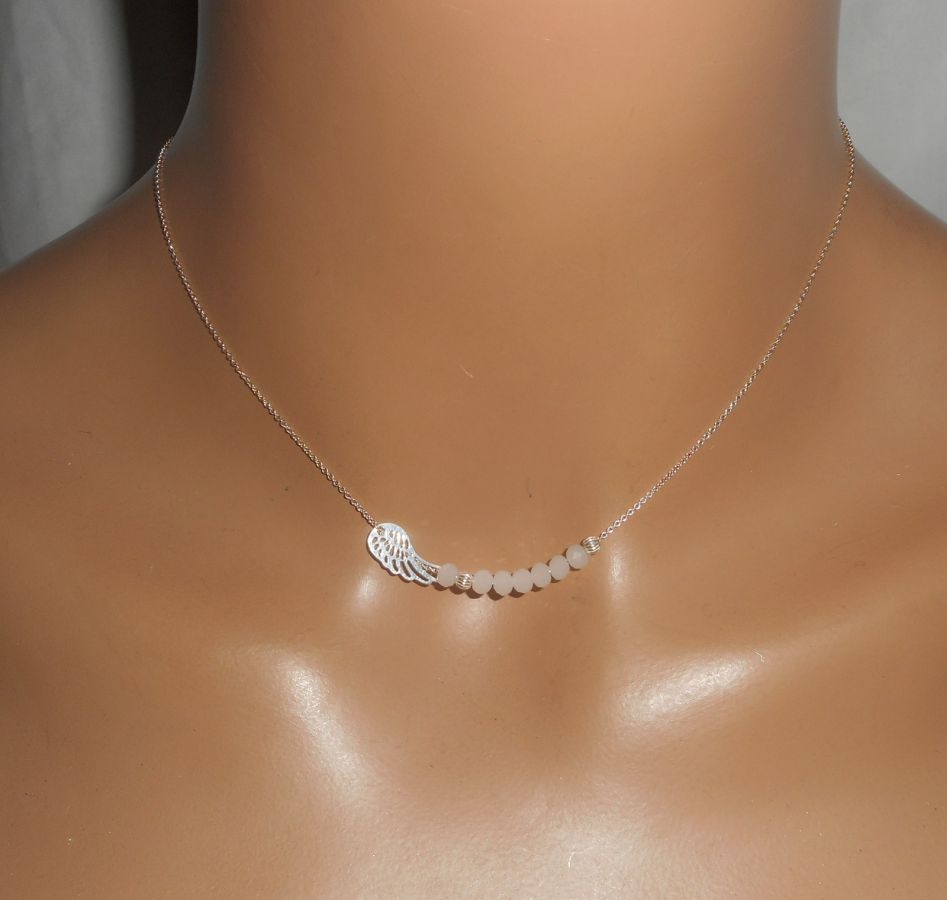 925 colar de gargantilha de prata com asa pequena e contas de cristal branco