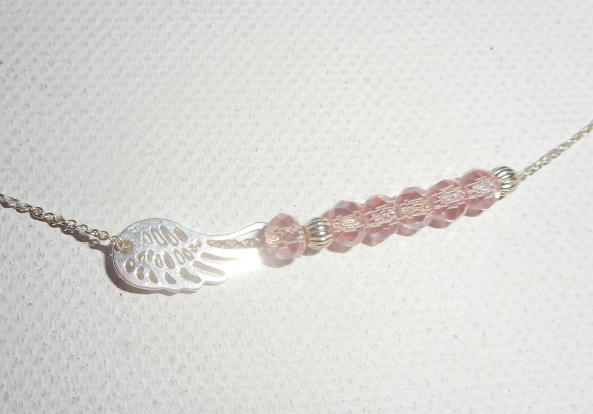 925 colar gargantilha de prata com asa pequena e pérolas de cristal rosa