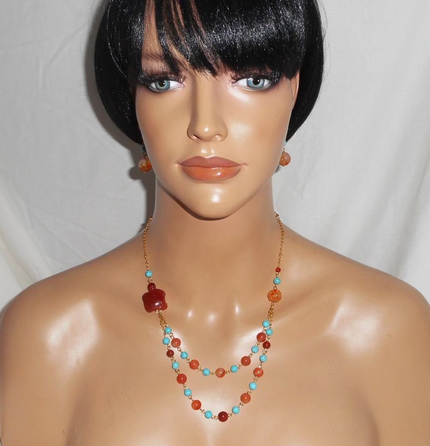 Colar de tartaruga com pedras carnelianas e turquesa 