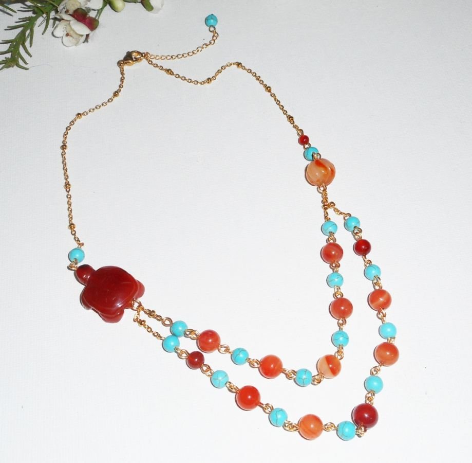 Colar de tartaruga com pedras carnelianas e turquesa 