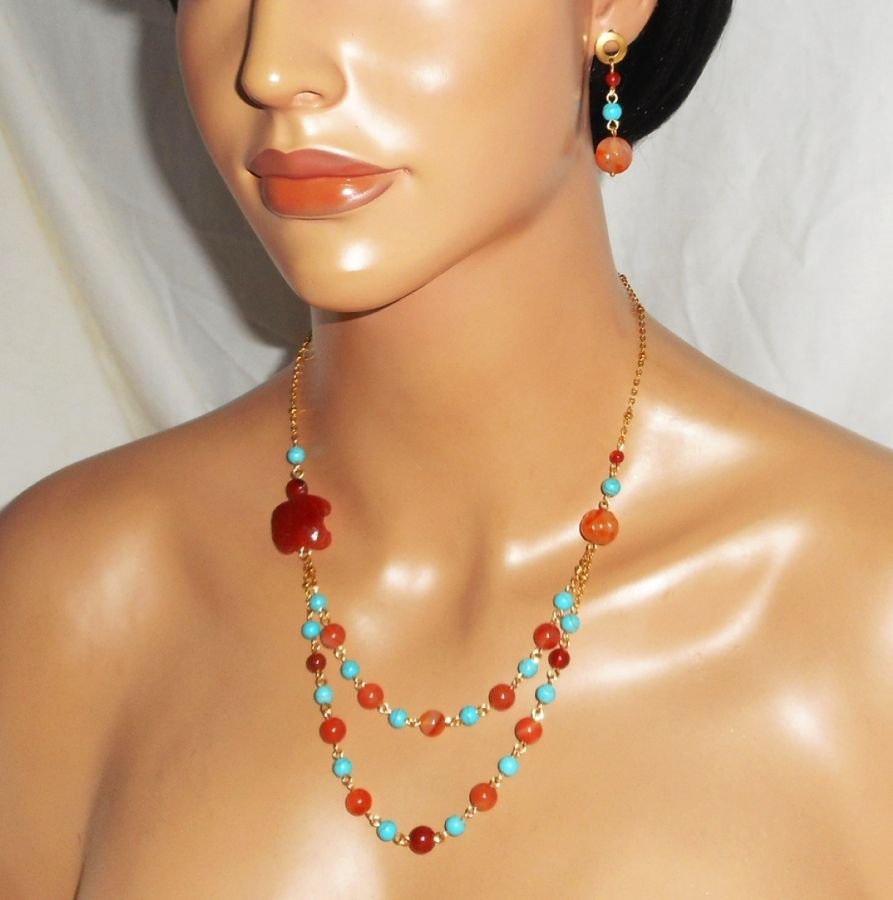 Colar de tartaruga com pedras carnelianas e turquesa 