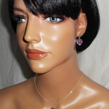 Conjunto de pingente coração roxo com cristal Swarovski sobre corrente de prata 925
