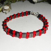 Pulseira de pedra hematita com contas de cristal vermelho e prata 925