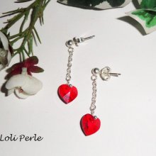 Brincos com corrente de coração Swarovski vermelha, prata 925