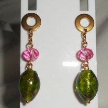 Brincos de vidro verde e rosa e de cristal