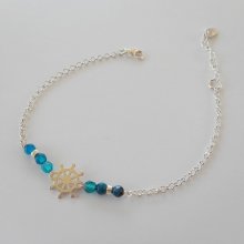 Pulseira de pedra ágata azul com leme sobre corrente de prata 925