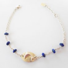 Pulseira de medalha de golfinho com pedras azuis sobre corrente de prata 925