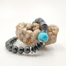 Pulseira com pedras hematita cinzentas e amazonite azul