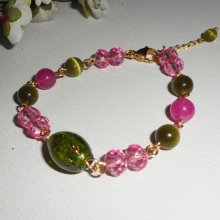 Murano Vidro e pulseira de cristal rosa e verde sobre corrente de aço dourado