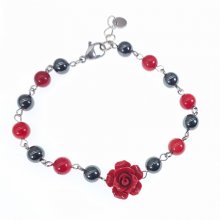 Pulseira de pedra hematita com rosa vermelha