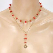 Colar de fila dupla em gorgoniano vermelho com sol