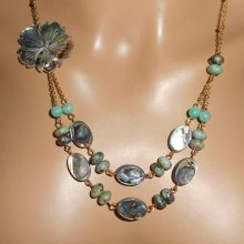 Colar de jaspe verde com flores e fila dupla de seixos abalone
