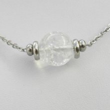 Colar solitário com pedra de cristal de rocha redonda e contas de aço inoxidável