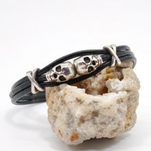Pulseira masculina de couro preto multi-fio com conta dupla de crânio 