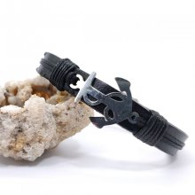 Pulseira de âncora de aço em couro preto
