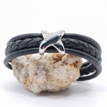 Pulseira de aço inoxidável X para homem em couro preto