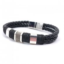 Pulseira de homem com 3 laços e corda em couro preto