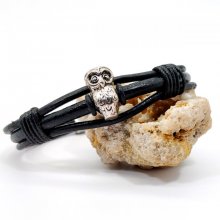 Pulseira de coruja em cordão de couro preto