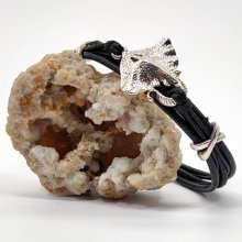 Pulseira masculina de couro preto multi-camada com peixe de arraia metálica prateada